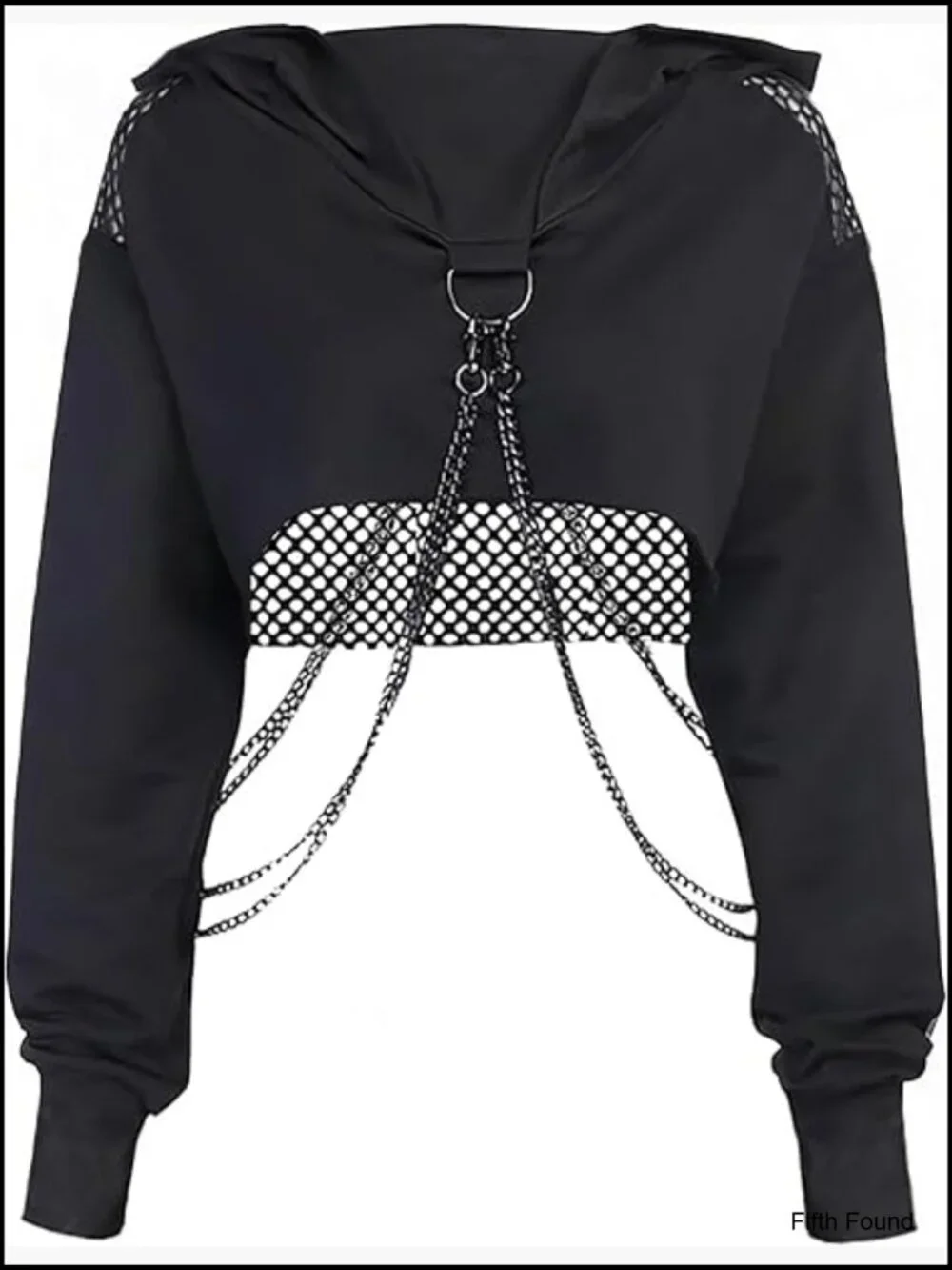 Fishnet Cropped Hoodie with Chain Long Sleeve Mesh Top Festival Rave Outfits - Picture 1 of 7